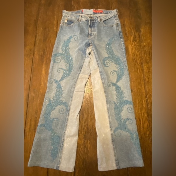 Guess Jeans Y2K Vintage Split Denim Sequin Feather Paisley Pattern Size 30 B27 - Picture 1 of 7